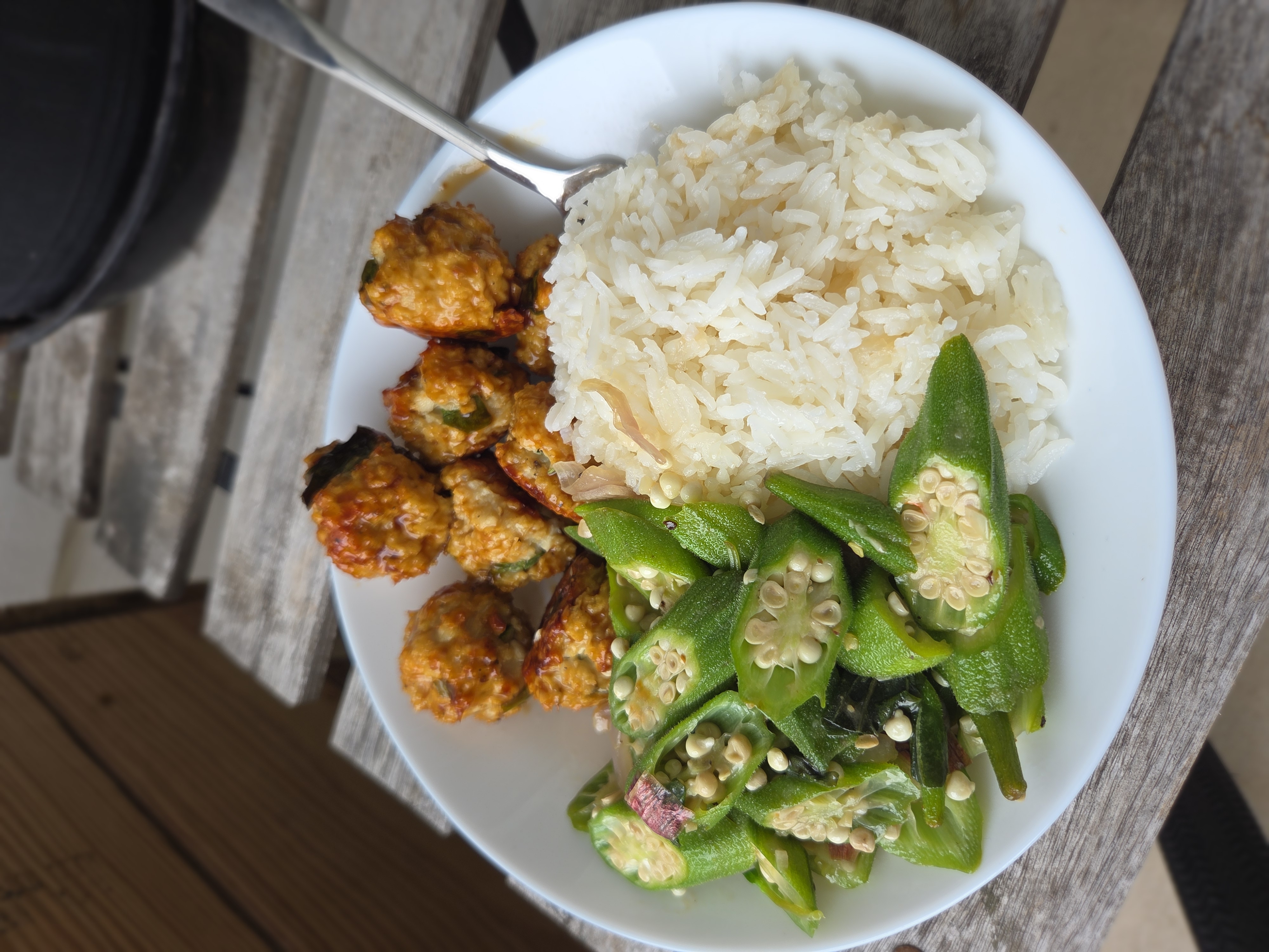 Okra with Teriyaki Chicken Meatballs